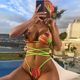 Lace up Sexy Print Headscarf Bikini