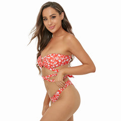 Long Shoelace Bandeau Triangle Split Swimsuit Bikini