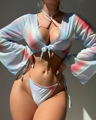 Chiffon Printed Three-Piece Lace Up Swimsuit