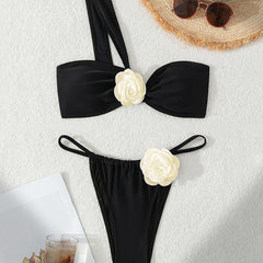 White One-Shoulder Floral Bikini Sexy Split Swimsuit