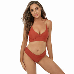 Solid Color V Neck Triangle Split Swimsuit