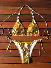 Golden Backless Halter Lace-Up Bikini Sexy Swimsuit
