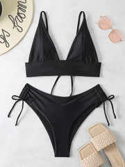 Bikini Women Swimsuit 2024 New Solid Black High Waist Bikinis Set Lace Up Bathing Suit Swimwear Summer Brazilian Beach Two Piece