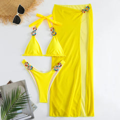 Yellow Sexy Rhinestones Bikinis 2024 Women Swimwear Female Swimsuit Swimming Bathing Suits Brazilian Bikini Set Beachwear Bather