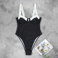 Beach Style Black White One Piece Swimsuit Summer Sexy Backless Bikini Set 2024 New Solid Shoulder Strap Swimming Suit For Women