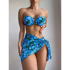 2024 Swimsuit Women's Split Three-Piece Printed Metal U-Shaped Bikini Bikini Swimsuit