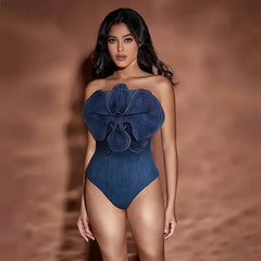 2024 New Off Shoulder 3D Flower denim printed One piece Swimsuit set Shiny Women Swimwear Beachwear bikinis bathingsuit