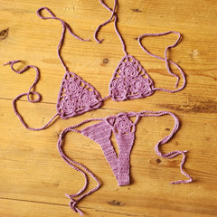 Women Sexy Handmade Bikini Sets Crochet Flower Solid Color Lace Thong String Swimwear Sunbathing Swimsuit Beach Wear Lace-up
