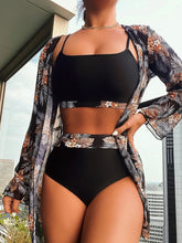 2024 New 3 Pieces Set High Waist Bikini Women Swimsuit&Kimono Bandeau Swimwear Sexy Cover Ups Floral Beachwear Bathing Suit