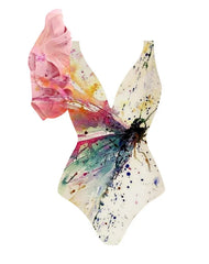 Splash-ink Art One Shoulder Ruffle Swimsuit Luxury Bikini V-neck Cut Out Surfing Swimwear Women 2024 Designer Bathing Suit
