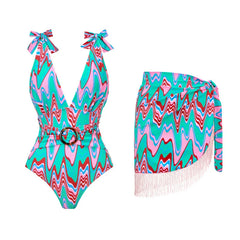 One Piece Swimsuit Bow Tie Shoulder Strap Swimwear Women Tassel Skirt Beachwear Luxury Bathing Suit 2024 New Beach Wear Vacation