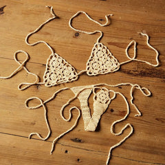 Women Sexy Handmade Bikini Sets Crochet Flower Solid Color Lace Thong String Swimwear Sunbathing Swimsuit Beach Wear Lace-up