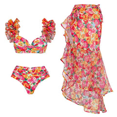 Floral Print Two Pieces Bikini Swimsuit Women 2024 New High Waist Swimwear and Sarong Biquini Separate Beach Bathing Suit