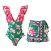 2024 Women Swimwear With Cover-up Swimsuit Ruffle Dongbei Printed Deep V One-piece Monokini Kimono Bikini Suit Summer Beachwear