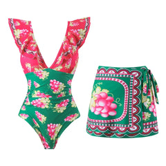 2024 Women Swimwear With Cover-up Swimsuit Ruffle Dongbei Printed Deep V One-piece Monokini Kimono Bikini Suit Summer Beachwear