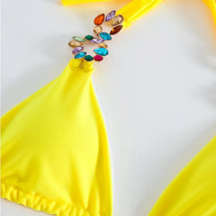 Yellow Sexy Rhinestones Bikinis 2024 Women Swimwear Female Swimsuit Swimming Bathing Suits Brazilian Bikini Set Beachwear Bather