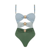 Color Block Cutout Shiny Bikini Beach One Piece Swimsuit and Sarong Women Summer Vacation Swimwear Fashion Sexy Beachwear 2024