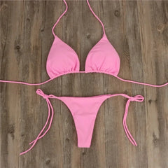 Women Thong Bikini Set Side Tie Sexy Swimsuit Bandage Style Brazilian Swimwear Neck Hanging Solid Color Adjustable Swimsuit Set