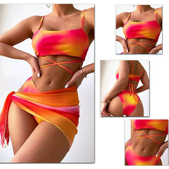 Sexy Womens 3 Pieces Bikini Set Tie Dye Swimsuit Beachwear 2024 Summer Fashion Push Up Comfortable Mesh Skirt Suit for Ladies