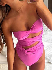 Hollow Out One Piece Swimsuit, Monokini Bodysuit, Lace Up Beachwear, High Waist Swimming Suit, Bandeau Monokini, Summer, 2024