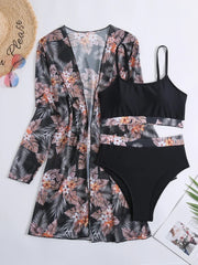 2024 New 3 Pieces Set High Waist Bikini Women Swimsuit&Kimono Bandeau Swimwear Sexy Cover Ups Floral Beachwear Bathing Suit