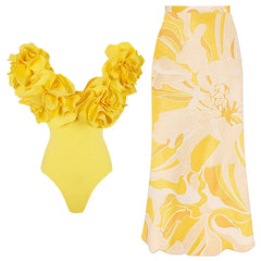 Solid Yellow 2024 Women Sexy 3D Flower One Piece Swimsuit Swimwear Off Shoulder Beachwear Summer Monokini Surf Wear Bathing Suit