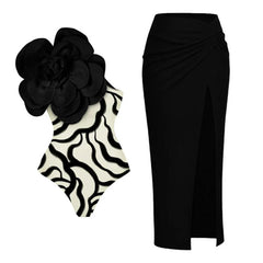 Blue One-Shoulder 3D Flower One Piece Swimsuit Women 2024 Swimwear Bikinis Printed Monokini Skirt Brazilian Biquini Bathing Suit