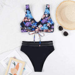 Lace Up High Waist Bikini 2024 Woman Swimsuit Women Swimwear Bathing Suit Padded Push Up Floral Print Swimsuit Women Bikini Set