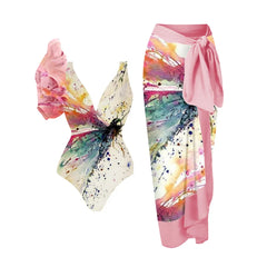 Splash-ink Art One Shoulder Ruffle Swimsuit Luxury Bikini V-neck Cut Out Surfing Swimwear Women 2024 Designer Bathing Suit