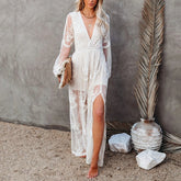 2024 Long White Tunic dress Bikini Cover-ups Sexy Deep V-neck Slip Maxi Dress Summer Clothes Women Swimsuit Cover Up dress