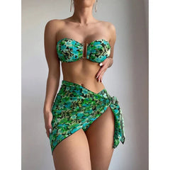 2024 Swimsuit Women's Split Three-Piece Printed Metal U-Shaped Bikini Bikini Swimsuit