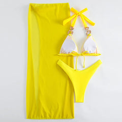 Yellow Sexy Rhinestones Bikinis 2024 Women Swimwear Female Swimsuit Swimming Bathing Suits Brazilian Bikini Set Beachwear Bather