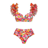 Floral Print Two Pieces Bikini Swimsuit Women 2024 New High Waist Swimwear and Sarong Biquini Separate Beach Bathing Suit