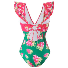 2024 Women Swimwear With Cover-up Swimsuit Ruffle Dongbei Printed Deep V One-piece Monokini Kimono Bikini Suit Summer Beachwear