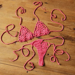 Women Sexy Handmade Bikini Sets Crochet Flower Solid Color Lace Thong String Swimwear Sunbathing Swimsuit Beach Wear Lace-up