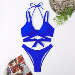 Women Strap Ties Bikini Set 2024 Female Solid Sexy Swimsuit 2 Pieces Sexy Swimwear Beach Outfits Damen Bathing Suit Push Up