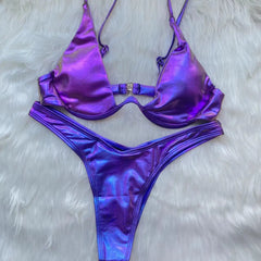Sexy Triangle Bikini 2023 holographic Purple Push Up Thong Swimwear Brazilian Bandage Bathing Suit Swimsuit Micro Biquini