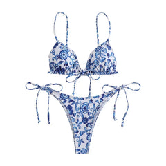 sexy floral print micro bikini blue and white porcelain bikini swimwear swimsuit women biquini thong bikini set bathing suits