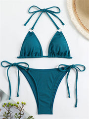 Bikini Women Swimsuit 2024 New Solid Ribbed Halter Bikinis Set Sexy Lace Up Swimwear Summer Two Piece Beach Bathing Suit Female