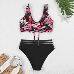 Lace Up High Waist Bikini 2024 Woman Swimsuit Women Swimwear Bathing Suit Padded Push Up Floral Print Swimsuit Women Bikini Set