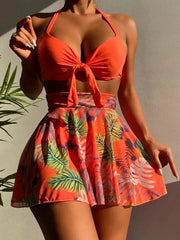 3 Piece Tropical Bikini Halter Push Up Swimsuit & Beach Shirt Swimwear Women 2024 Bathers Bathing Swimming Suit Female Beachwear