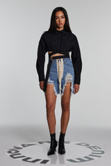 Tallulah Lace Up Fringe Torn Short Jeans
