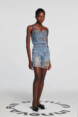 Theodora Rhinestone Embellished Corset Denim Top