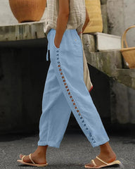 Women'S Solid Color Cotton Linen Hollow Casual Pants