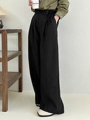 Lace-Up Pleated Solid Color Split-Joint High Waisted Loose Trousers Suit Pants