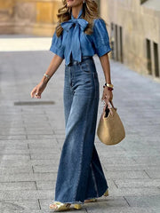 High Waisted Straight Leg Gradient Split-Joint Jean Pants Bottoms