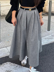 No Belt Pleated Solid Color A-Line High Waisted Skirts Bottoms