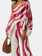 Zreei Urban Wide Leg Loose Printed Off-The-Shoulder Blouses &Casual Pants Two Pieces Set