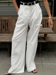 No Belt Pleated Pockets Solid Color High Waisted Loose Trousers Suit Pants