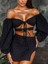 Sexy Bandeau Hollow Bandage Long Sleeves Shirts+ Split-Side Pleated Skirt Two Pieces Set